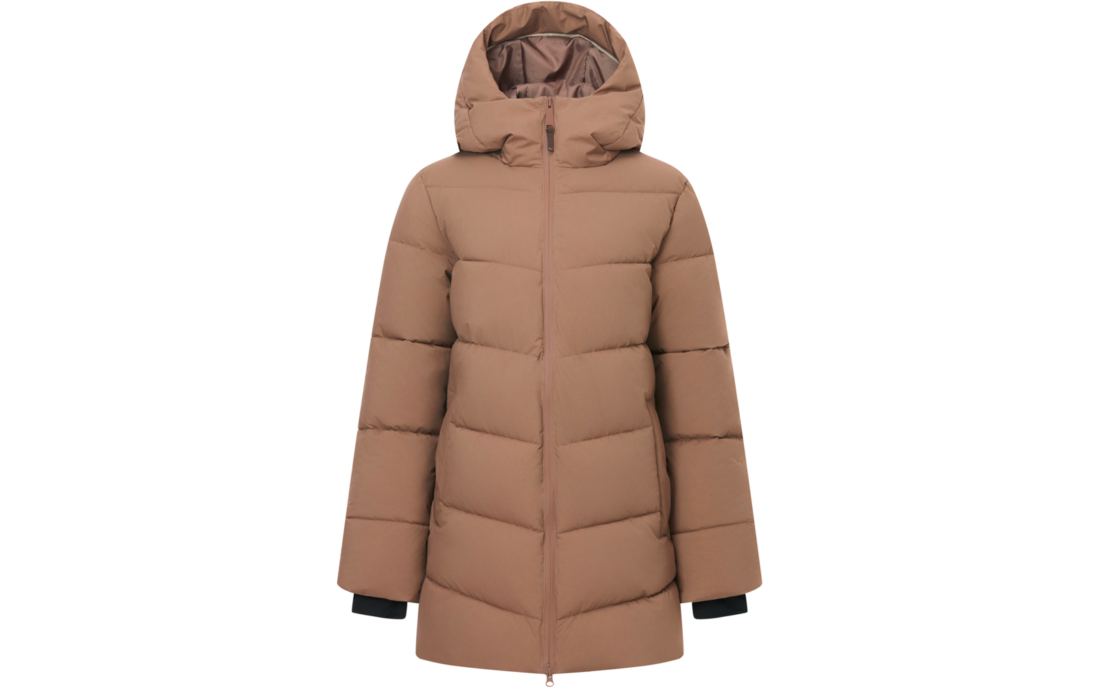 Giacca imbottita marrone con cappuccio e cerniera centrale, maniche lunghe, polsini interni neri visibili, sfondo bianco