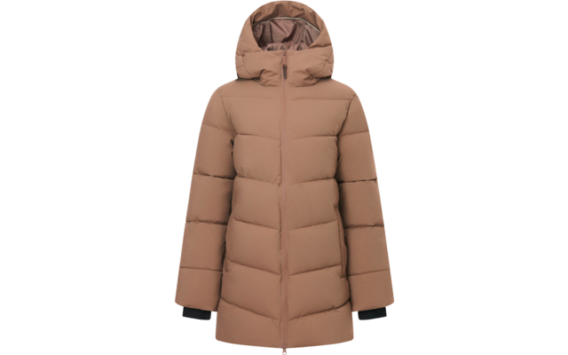Giacca imbottita marrone con cappuccio e cerniera centrale, maniche lunghe, polsini interni neri visibili, sfondo bianco