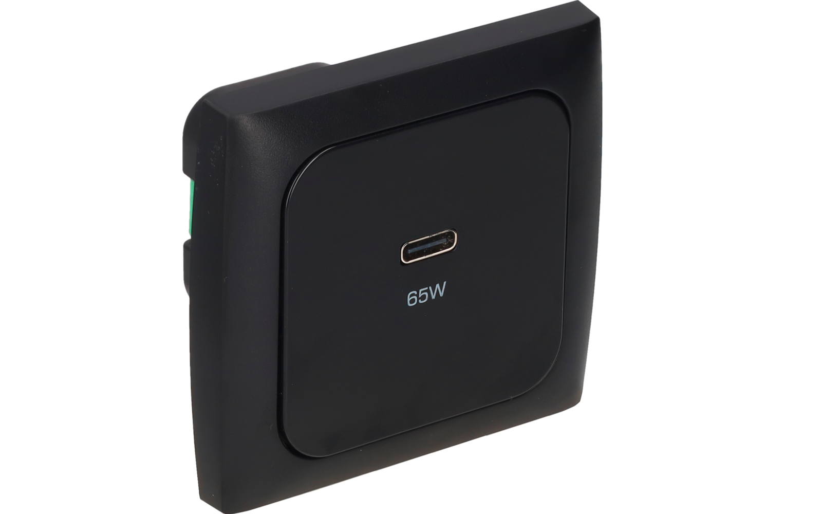 Plaque murale carrée noire avec un port USB‑C centré et l'inscription "65W" en dessous