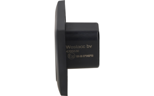 Boîtier en plastique noir avec plaque avant rectangulaire et connecteur rond, inscription blanche 'Westacc bv 4205530' sur le côté, fond blanc