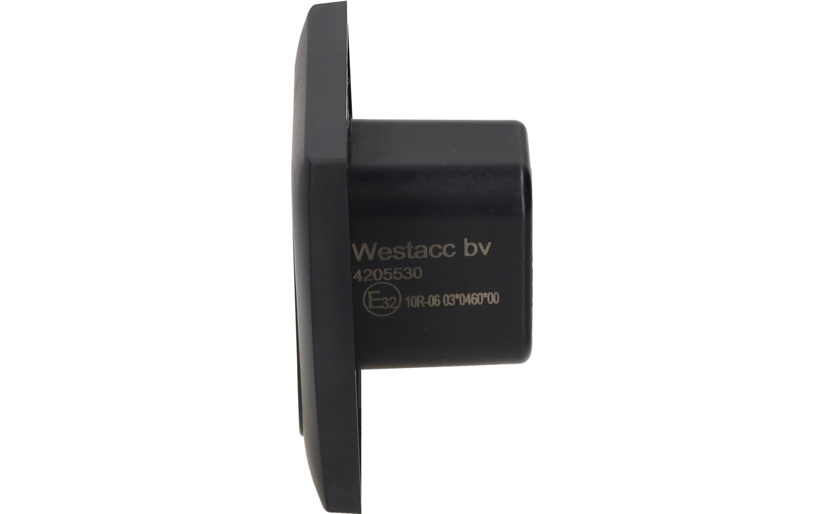 Boîtier en plastique noir avec plaque avant rectangulaire et connecteur rond, inscription blanche 'Westacc bv 4205530' sur le côté, fond blanc