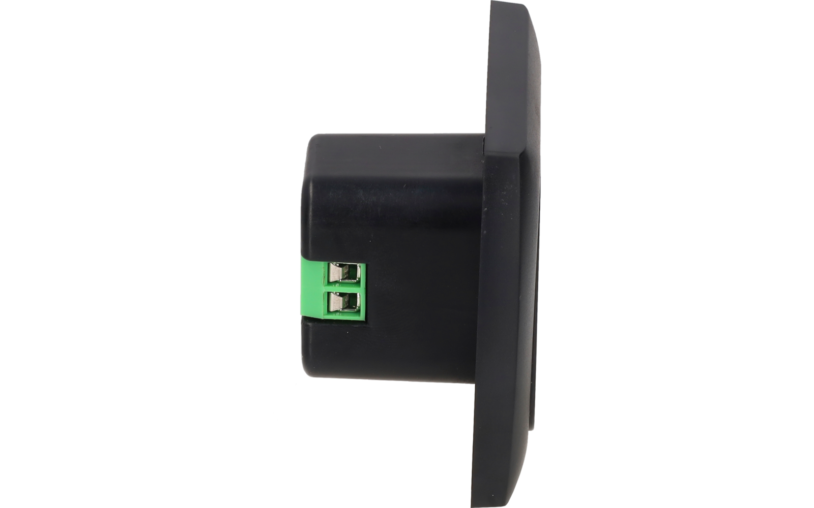 Boîtier rectangulaire en plastique noir avec plaque frontale noire et connecteur de bornes vert à 2 broches sur le côté gauche