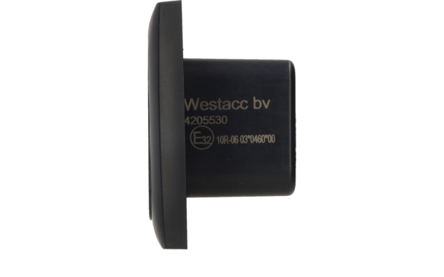 Pièce cylindrique en plastique noire avec bride rectangulaire plate et inscription 'Westacc bv' et chiffres