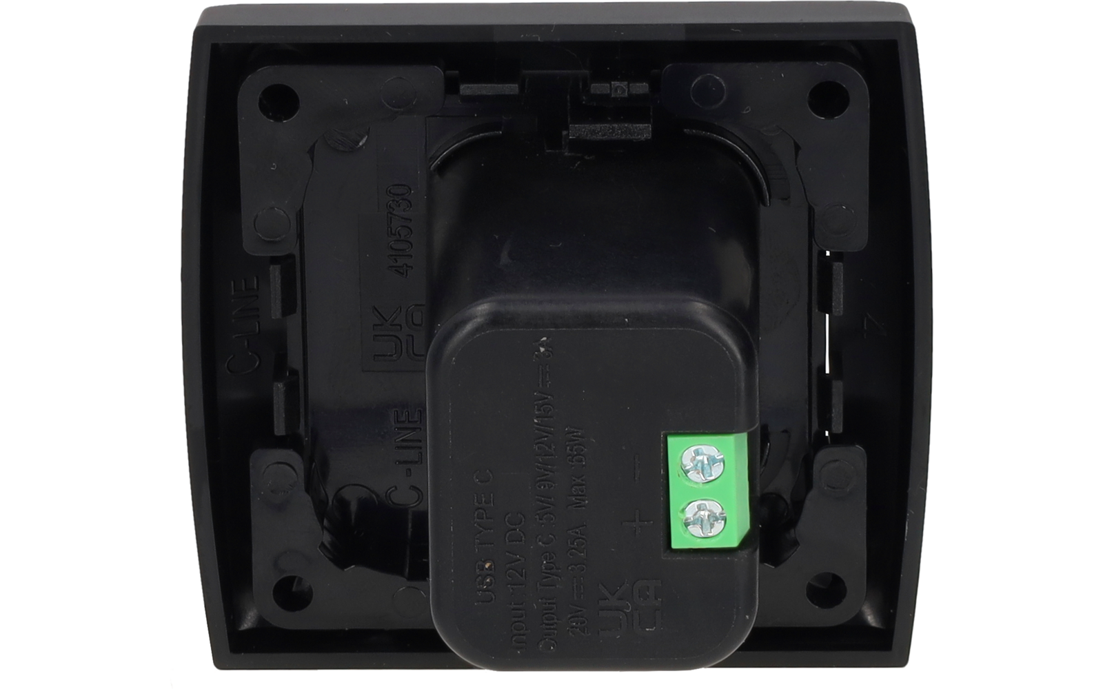 Boîtier rectangulaire en plastique noir avec saillie rectangulaire centrale, trous de fixation visibles en haut et en bas, texte embouti C-LINE UK et marquages numériques, bornier vert à deux pôles avec deux vis
