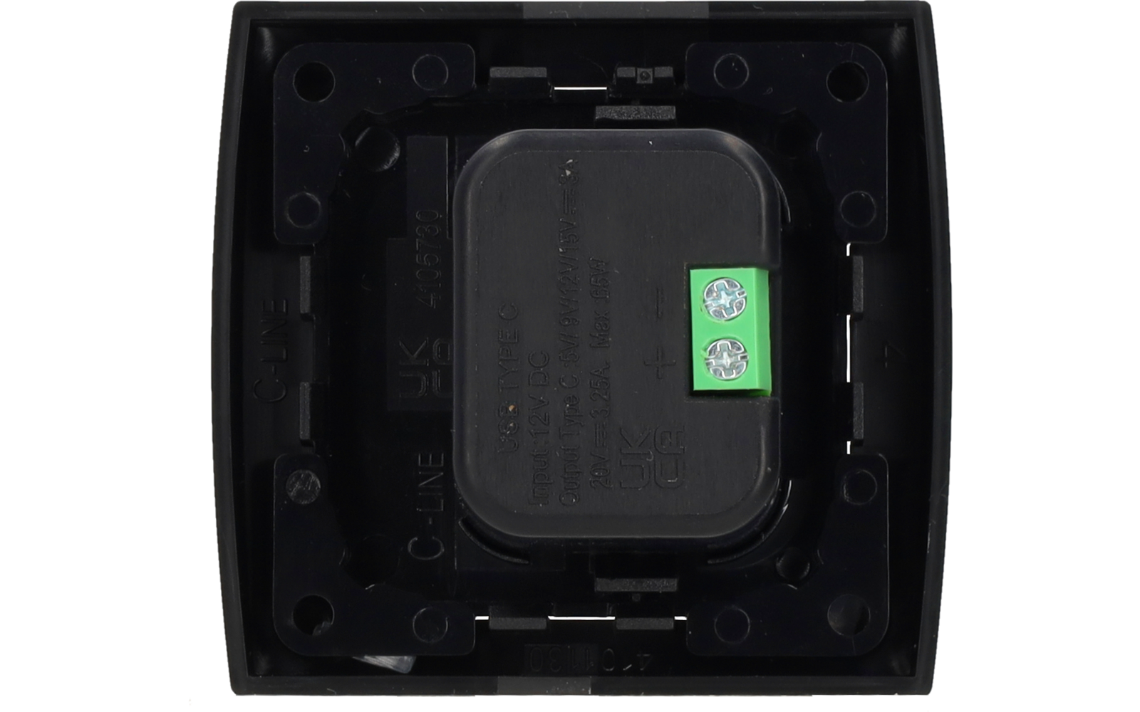 Boîtier carré en plastique noir, composant central rectangulaire arrondi avec texte embossé, à droite petit bornier vert avec deux vis de serrage, quatre orifices de fixation ronds aux coins