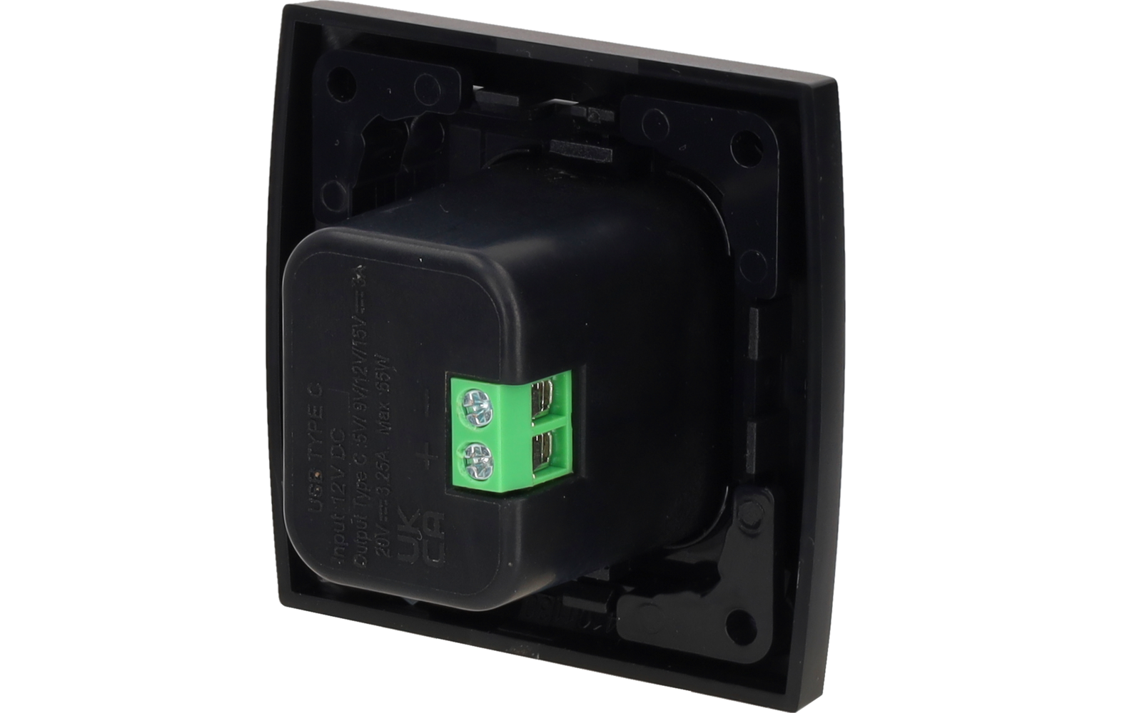 Plaque carrée en plastique noir avec un insert cylindrique noir et un bornier vert à deux pôles avec deux vis