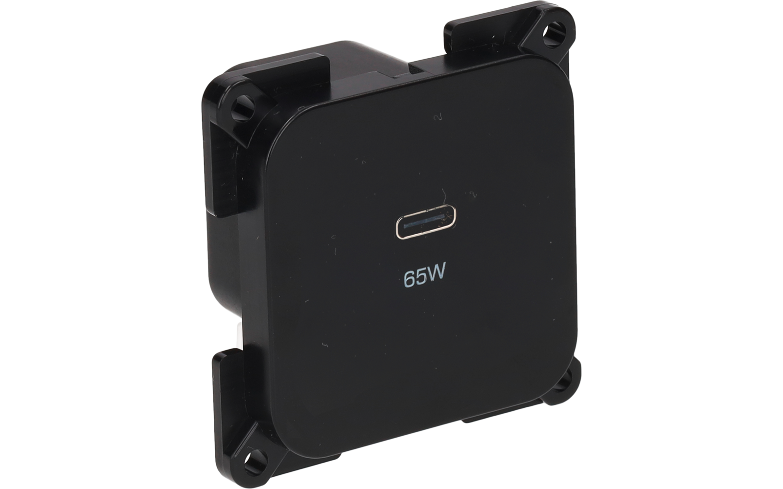 Boîtier plastique noir carré aux coins arrondis avec quatre pattes de fixation aux angles ; port USB-C centré et inscription '65W' en dessous
