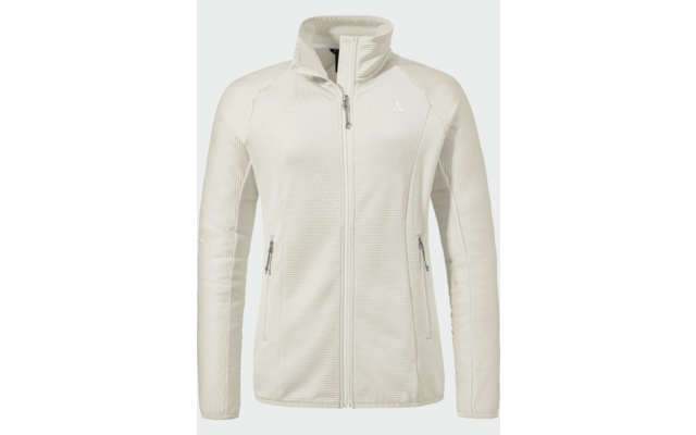Cremeweiße Jacke, Frontansicht, Stehkragen, durchgehender Reißverschluss, lange Ärmel, zwei seitliche Reißverschlusstaschen, kleines dreieckiges Logo auf der linken Brust