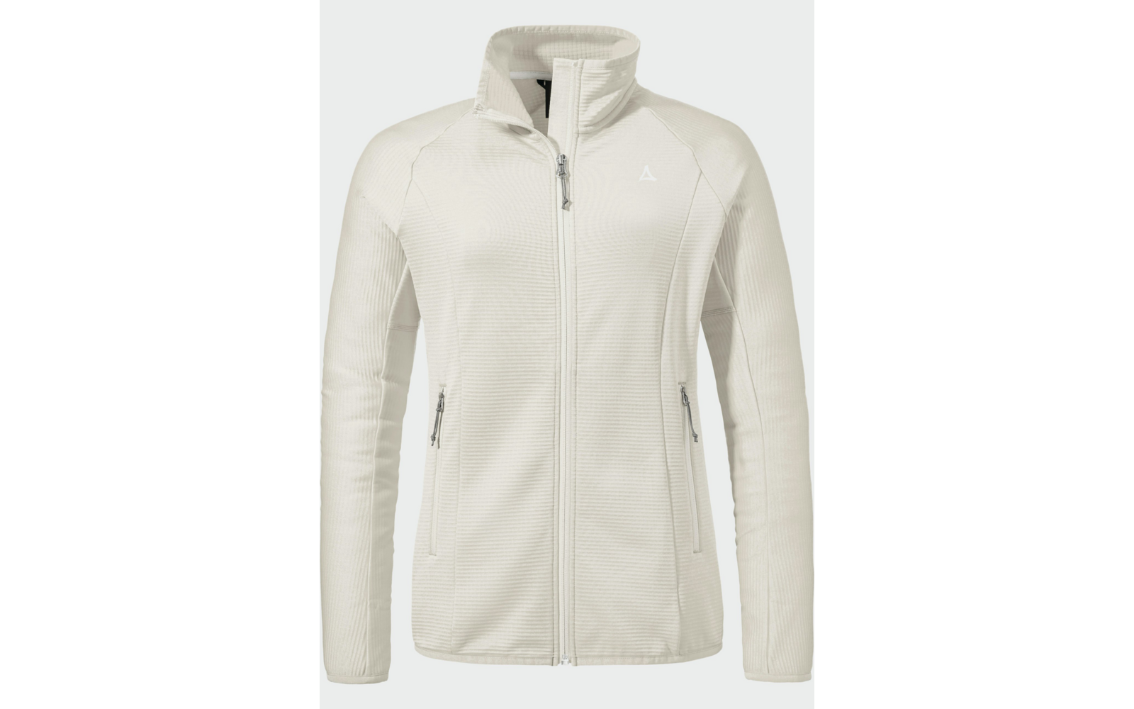 Cremeweiße Jacke, Frontansicht, Stehkragen, durchgehender Reißverschluss, lange Ärmel, zwei seitliche Reißverschlusstaschen, kleines dreieckiges Logo auf der linken Brust