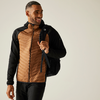 Mann mit schwarzem und braunem Jacke lächelnd mit Hand an der Jacke