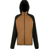 Braune Jacke mit schwarzer Kapuze und schwarzen Ärmeln