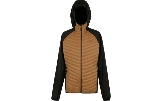 Braune Jacke mit schwarzer Kapuze und schwarzen Ärmeln