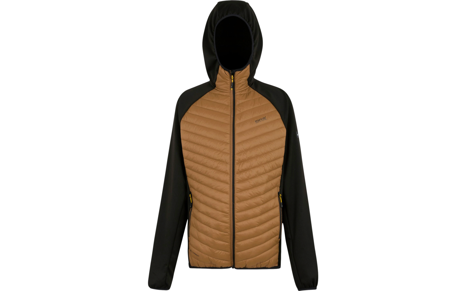 Braune Jacke mit schwarzer Kapuze und schwarzen Ärmeln