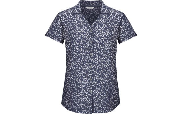 Kurzärmlige, knöpfbare Bluse mit kleinem weißem Blumenmuster auf dunkelblauem Grund