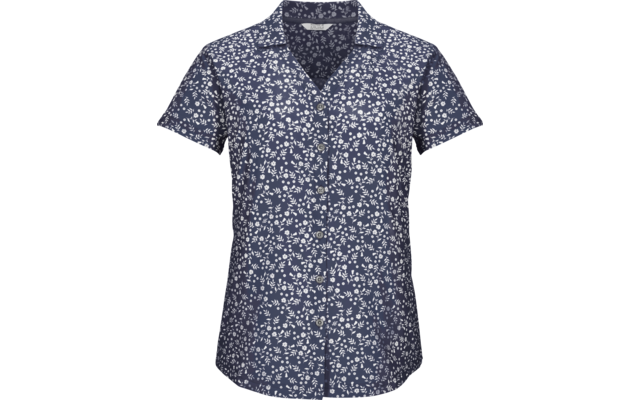 Blusa de manga corta con botones, motivo floral blanco pequeño sobre fondo azul marino