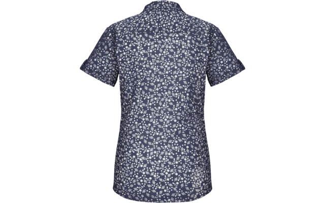 Rückansicht eines dunkelblauen, kurzärmligen Oberteils mit dichtem weißem Blumenmuster und Kragen