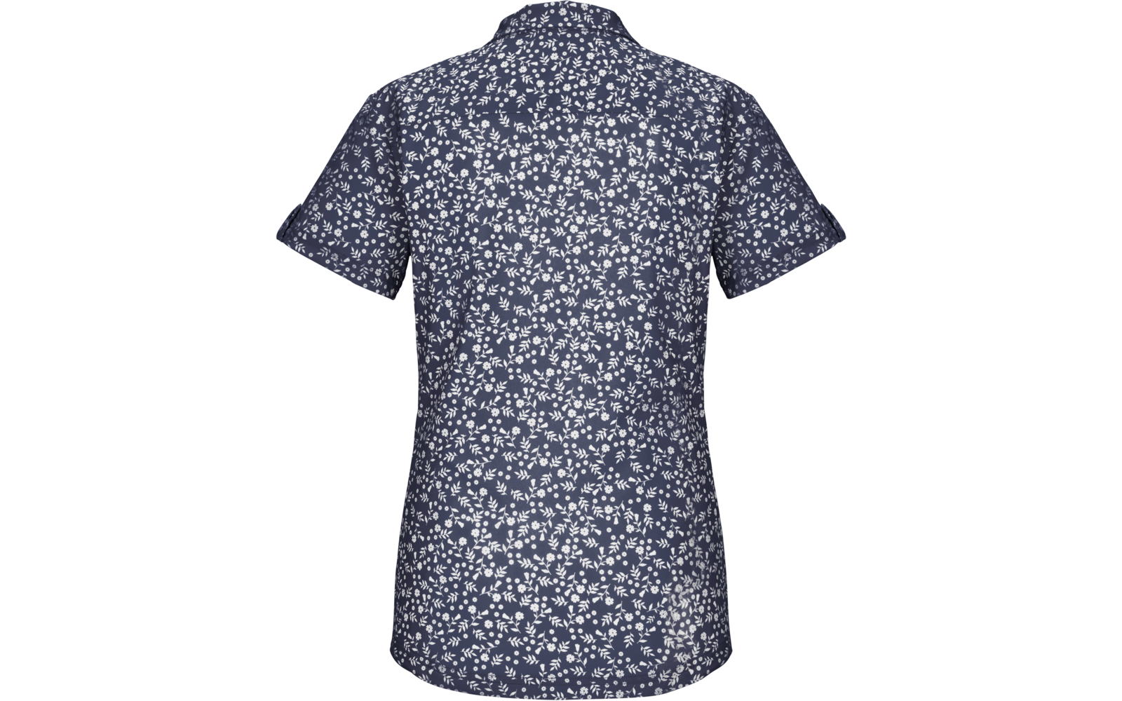 Rückansicht eines dunkelblauen, kurzärmligen Oberteils mit dichtem weißem Blumenmuster und Kragen