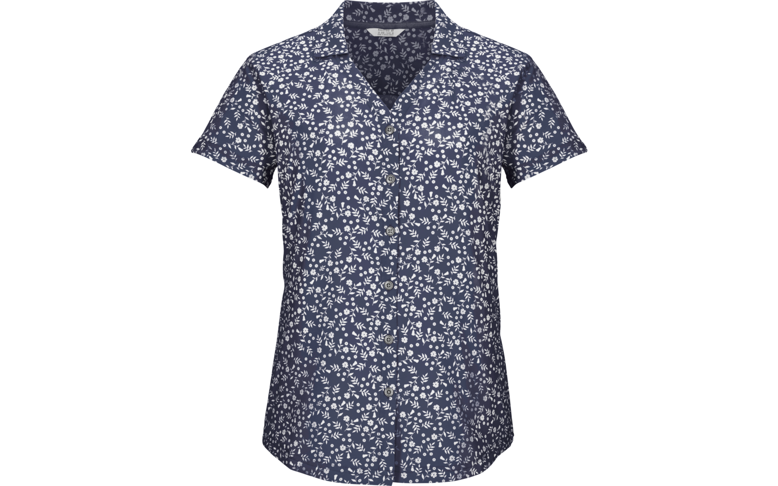 Blusa de manga corta con botones, motivo floral blanco pequeño sobre fondo azul marino