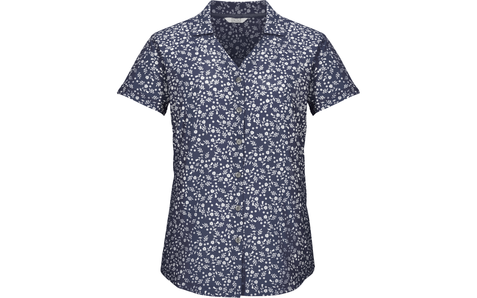 Kurzärmlige, knöpfbare Bluse mit kleinem weißem Blumenmuster auf dunkelblauem Grund