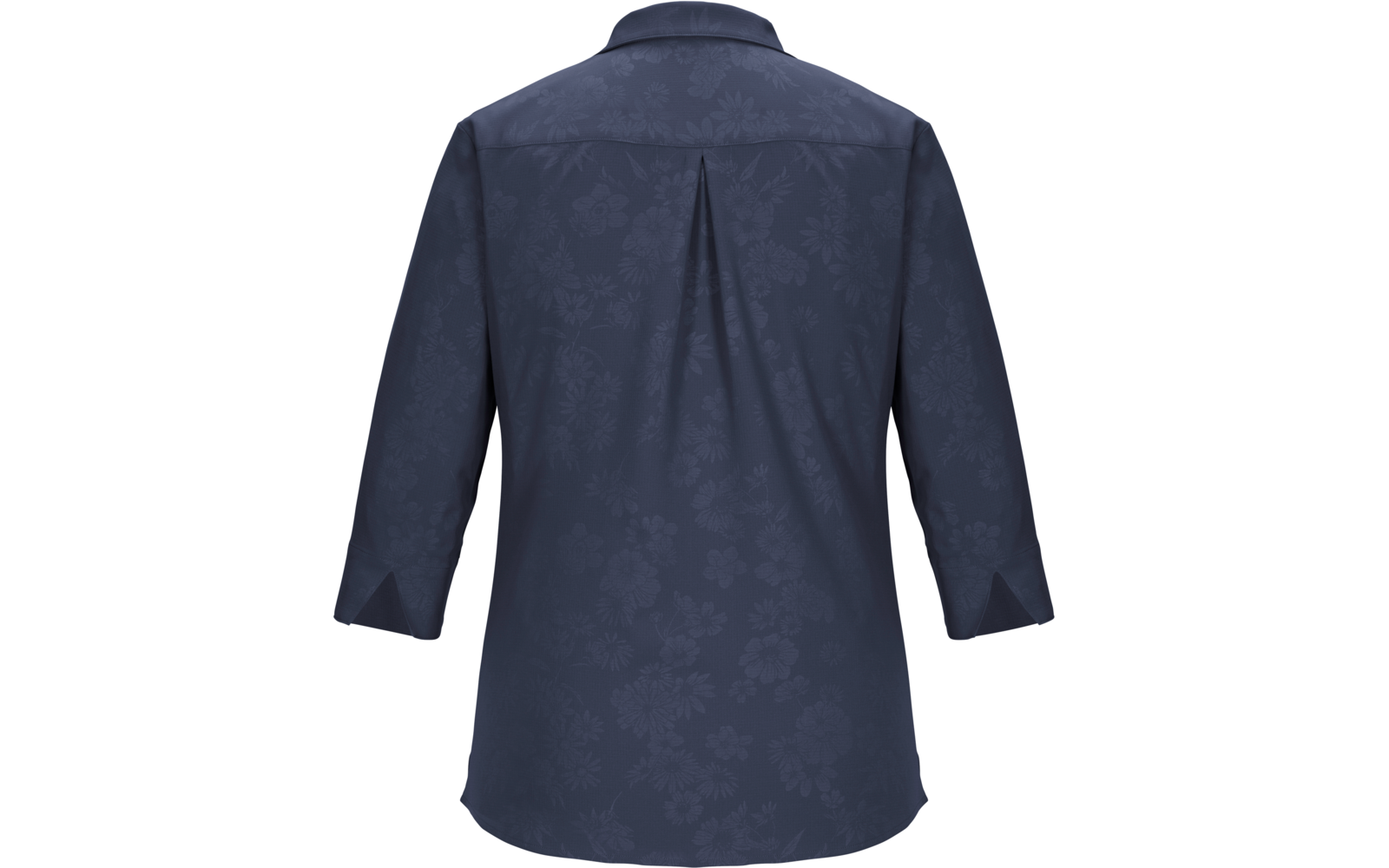 Dunkelblaue Bluse von hinten mit Kragen, mittiger Rückenfalte, 3/4-Ärmeln und dezentem Blumenmuster