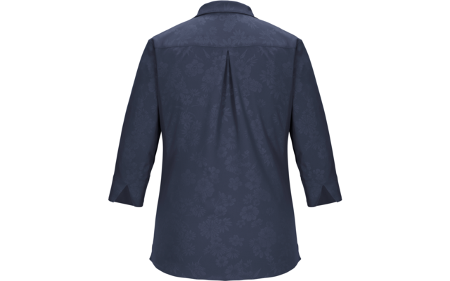 Dunkelblaue Bluse von hinten mit Kragen, mittiger Rückenfalte, 3/4-Ärmeln und dezentem Blumenmuster