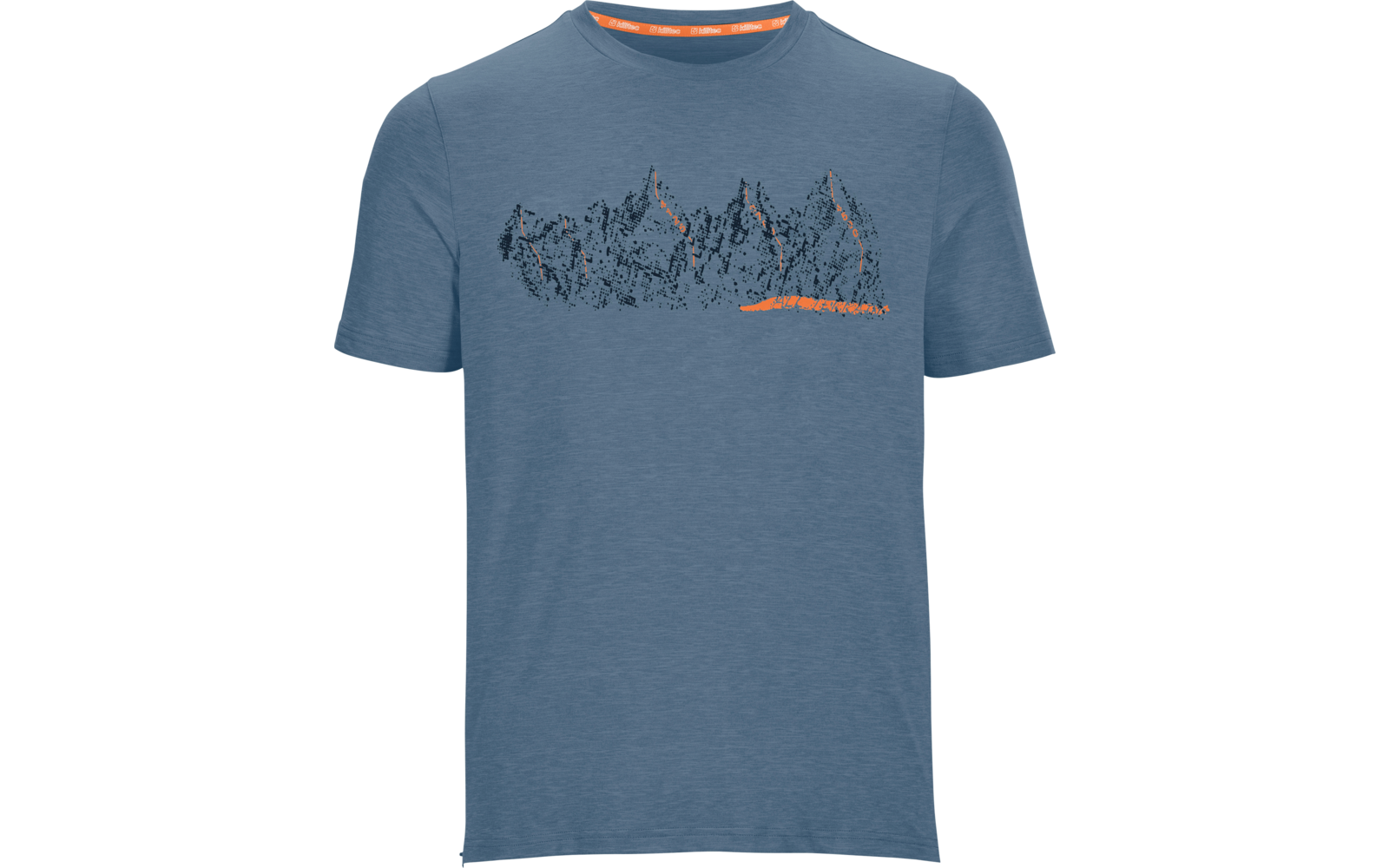 Blaues T‑Shirt mit dunkler Bergzeichnung, oranger Linie und orangenem Innenkragen