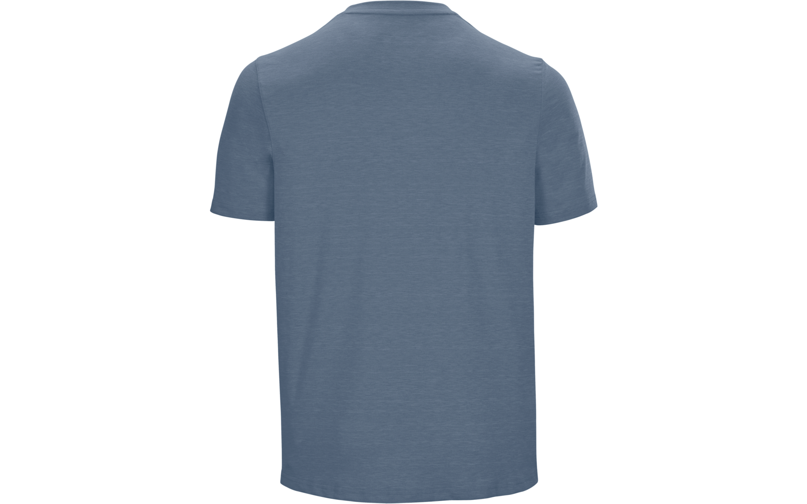 Rückansicht eines einfarbigen blauen T-Shirts mit kurzen Ärmeln vor weißem Hintergrund