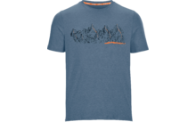 Blaues T‑Shirt mit dunkler Bergzeichnung, oranger Linie und orangenem Innenkragen