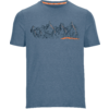 Blaues T‑Shirt mit dunkler Bergzeichnung, oranger Linie und orangenem Innenkragen