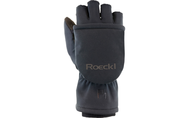 Dark gray glove with folded-over mitten flap, 'Roeckl' logo on the flap, ribbed wrist cuff, white background