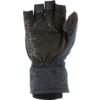 Black fingerless glove with three cut-off fingertips, textured grip strips on the palm, elastic cuff and printed text eco SENSE
