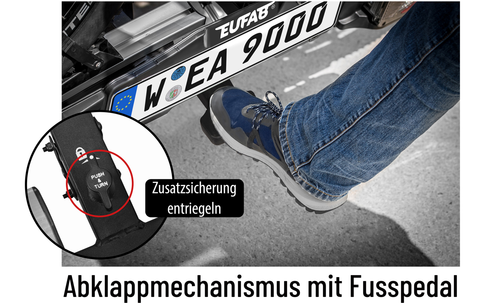 Fuß betätigt Abklappmechanismus neben einem Fahrrad mit Zusatzsicherung entriiegelt