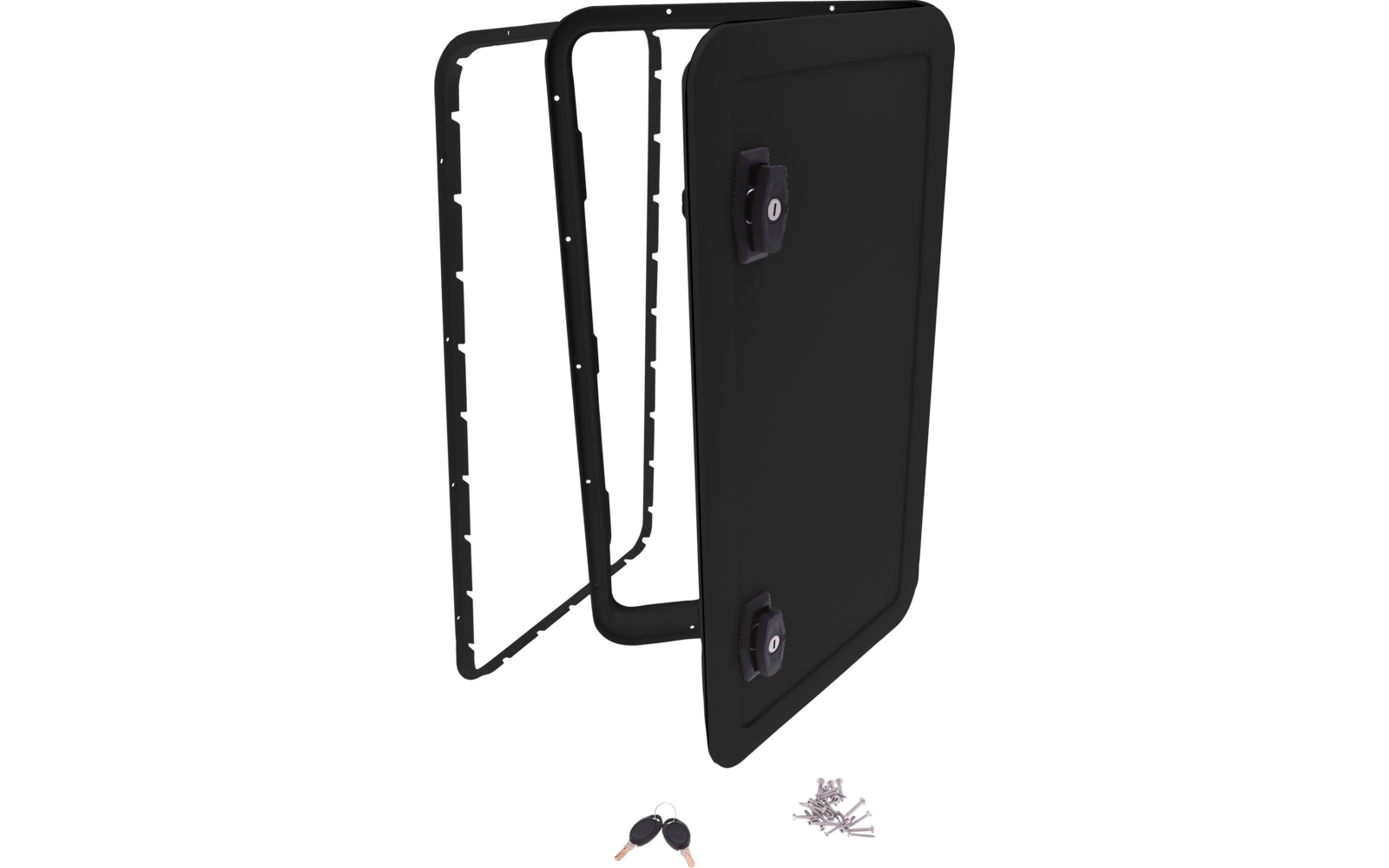 Panneau métallique rectangulaire noir avec deux boutons de verrouillage noirs, cadre métallique noir fixé, à côté deux clés et un petit tas de vis