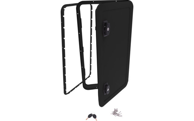 Panneau métallique rectangulaire noir avec deux boutons de verrouillage noirs, cadre métallique noir fixé, à côté deux clés et un petit tas de vis