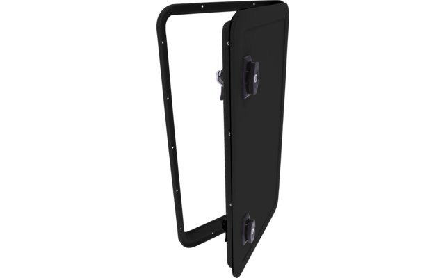 Panneau rectangulaire noir dans un cadre métallique aux coins arrondis avec deux loquets métalliques visibles