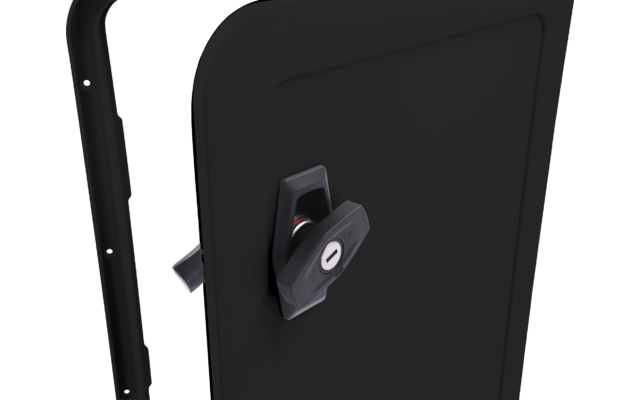 Panneau rectangulaire noir aux coins arrondis, face avant équipée d’un bouton hexagonal gris avec centre blanc et anneau coloré ; à gauche, un tube noir visible