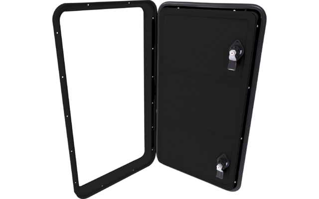 Boîtier rectangulaire noir ouvert, cadre vide à gauche et panneau droit encastré, deux leviers de verrouillage argentés en haut et en bas à droite