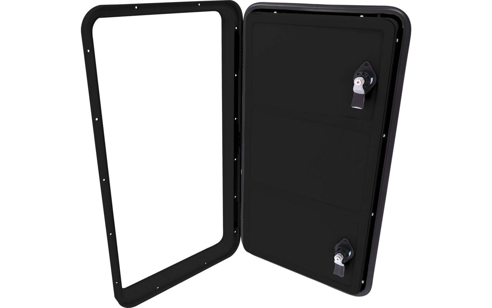 Boîtier rectangulaire noir ouvert, cadre vide à gauche et panneau droit encastré, deux leviers de verrouillage argentés en haut et en bas à droite