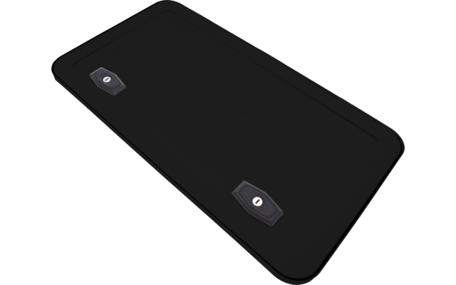 Panneau rectangulaire noir aux coins arrondis et deux petites pièces rectangulaires grises avec une ouverture ronde au centre