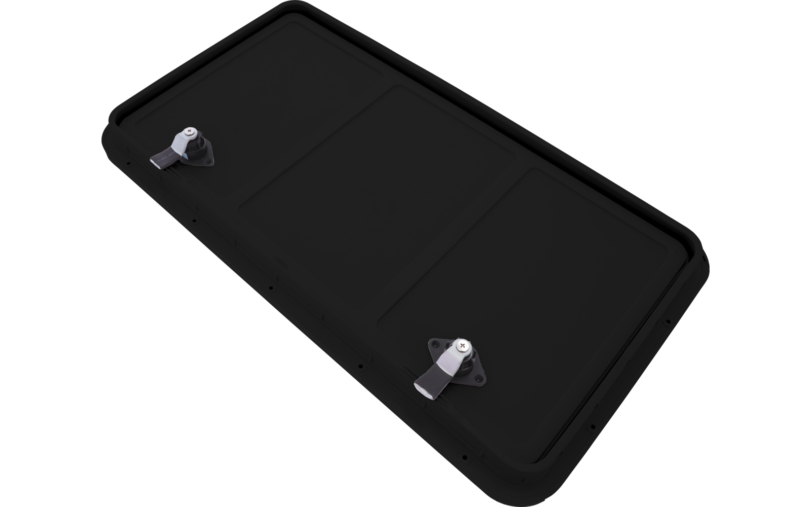 Objet plat rectangulaire noir aux coins arrondis, deux clips métalliques argentés sur un côté long, deux panneaux rectangulaires en retrait au centre, ombre en dessous