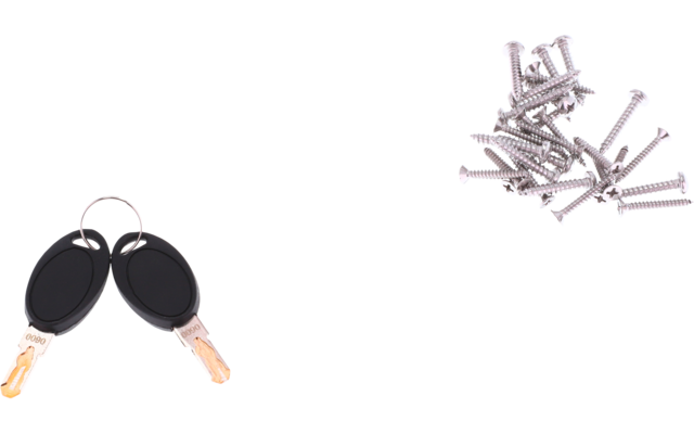 Deux clés à têtes en plastique noir sur un porte-clés à gauche, un tas de vis argentées à droite sur fond blanc