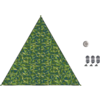 Driehoekig groen doek met blauwgroen geometrisch patroon, gecentreerd op een lichte achtergrond; rechtsboven een witte kop met bruine vloeistof; rechtsonder drie grijze langwerpige voorwerpen in verticale rij