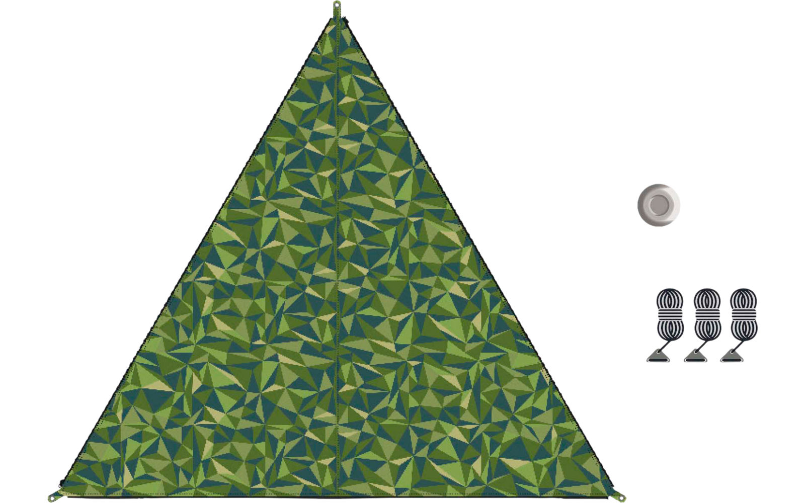 Driehoekig groen doek met blauwgroen geometrisch patroon, gecentreerd op een lichte achtergrond; rechtsboven een witte kop met bruine vloeistof; rechtsonder drie grijze langwerpige voorwerpen in verticale rij