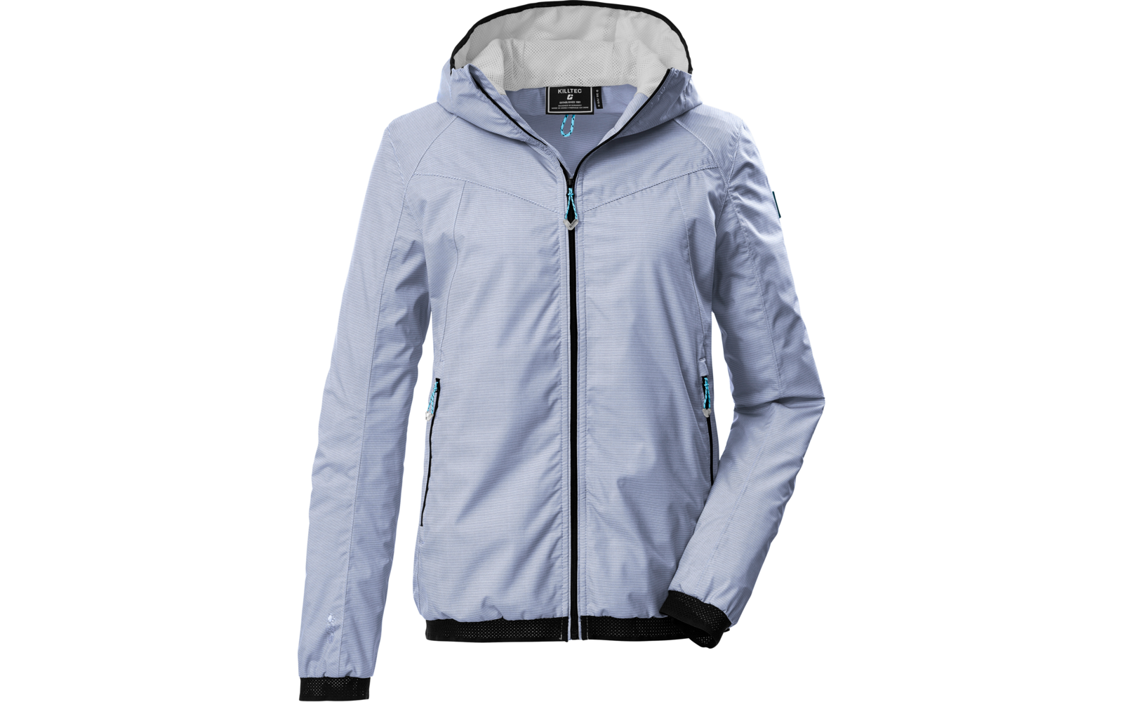 Giacca con cappuccio azzurra con cerniera frontale integrale, due tasche laterali con zip, orlo e polsini neri, fodera del cappuccio grigio chiaro e tiretti della cerniera turchesi