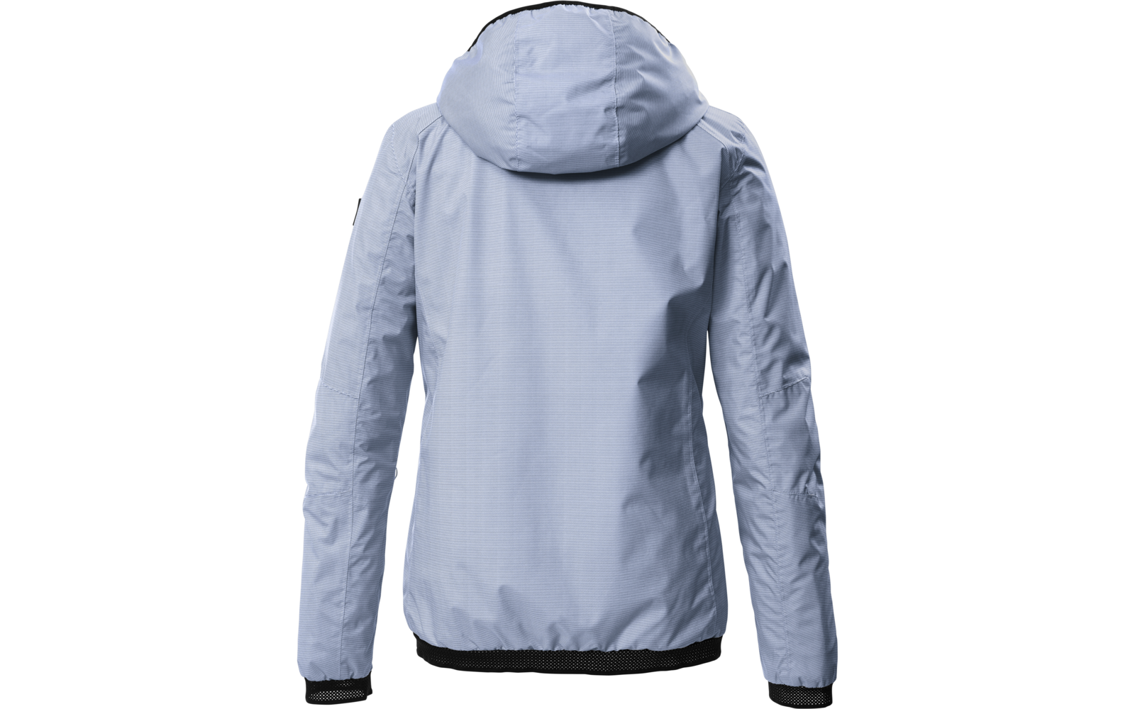 Giacca con cappuccio azzurra vista da dietro, maniche lunghe, orlo e polsini elastici neri, sfondo bianco