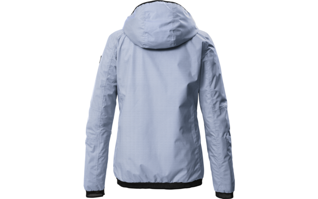 Giacca con cappuccio azzurra vista da dietro, maniche lunghe, orlo e polsini elastici neri, sfondo bianco