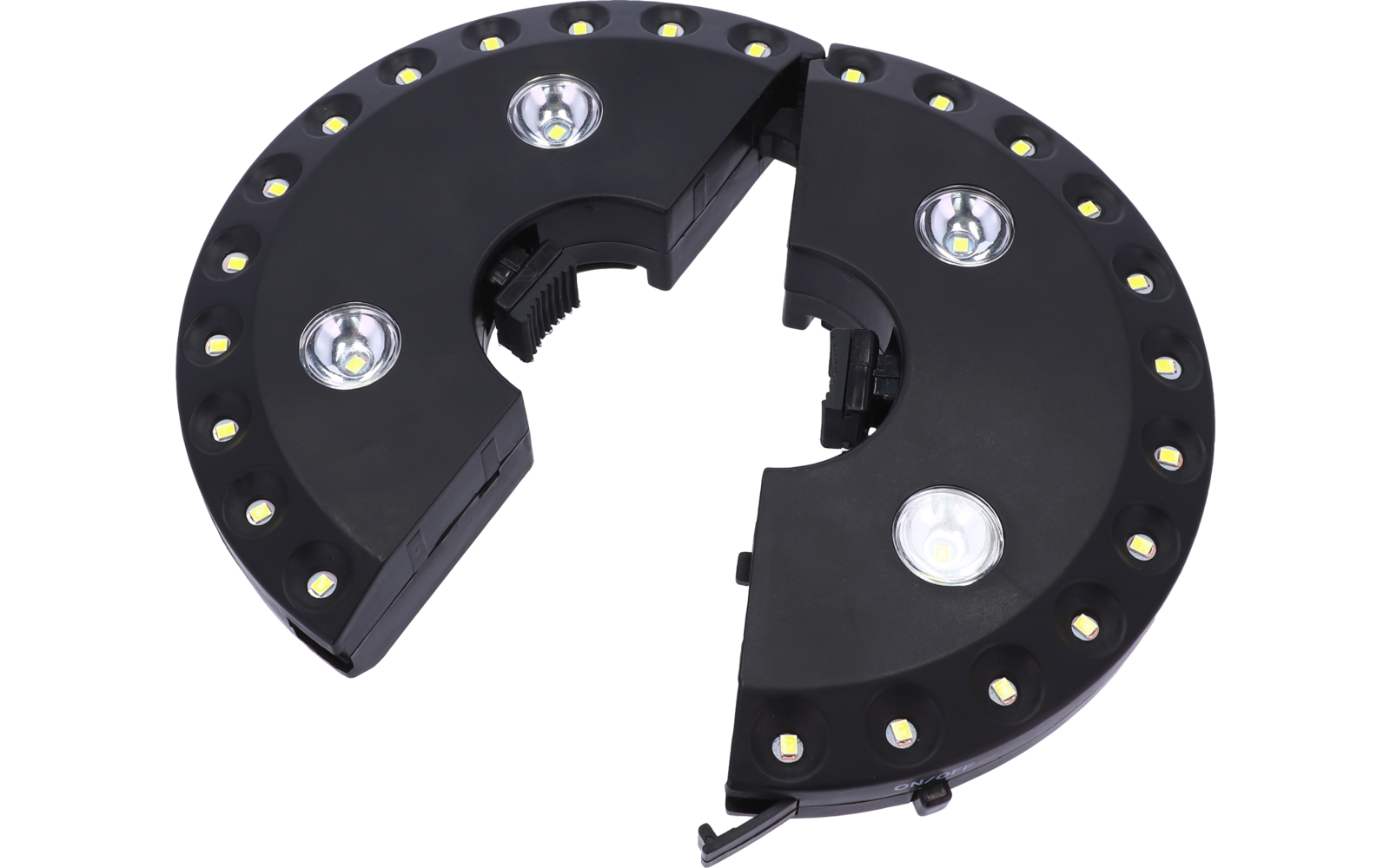 Schwarzes, ringförmiges Kunststoffgehäuse in zwei getrennten Segmenten, kleine gelblich leuchtende LEDs entlang des Außenrands, vier größere weiße LED-Module, innen sichtbare Aussparungen und ein kurzes Kabel am Rand