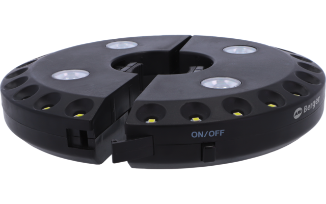 Schwarzes, ringförmiges Gerät aus zwei offenen Halbkreisen mit mehreren weißen und gelben LED-Leuchten und seitlichem Schalter mit Beschriftung 'ON/OFF'