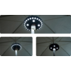 Dreiteiliges Bild der Unterseite eines geöffneten Sonnenschirms mit mittigem Stiel und rundem LED-Lichtkranz