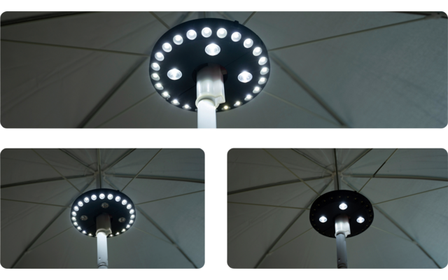 Dreiteiliges Bild der Unterseite eines geöffneten Sonnenschirms mit mittigem Stiel und rundem LED-Lichtkranz